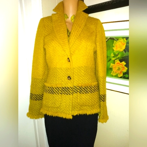 LES COPAINS 42/44 8 WOOL TWEED BOUCLE YELLOW GOLD BLACK JACKET SKIRT SUIT ITALY - Picture 3 of 13